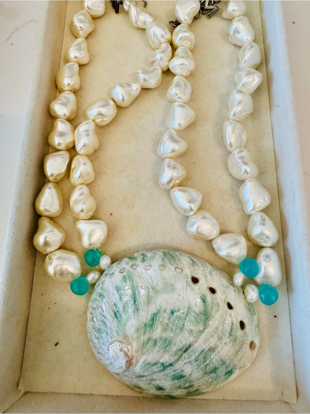 Meg Carter Baroque Pearl and Abalone Shell Statement Necklace w Chalcedony